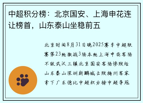 中超积分榜：北京国安、上海申花连让榜首，山东泰山坐稳前五